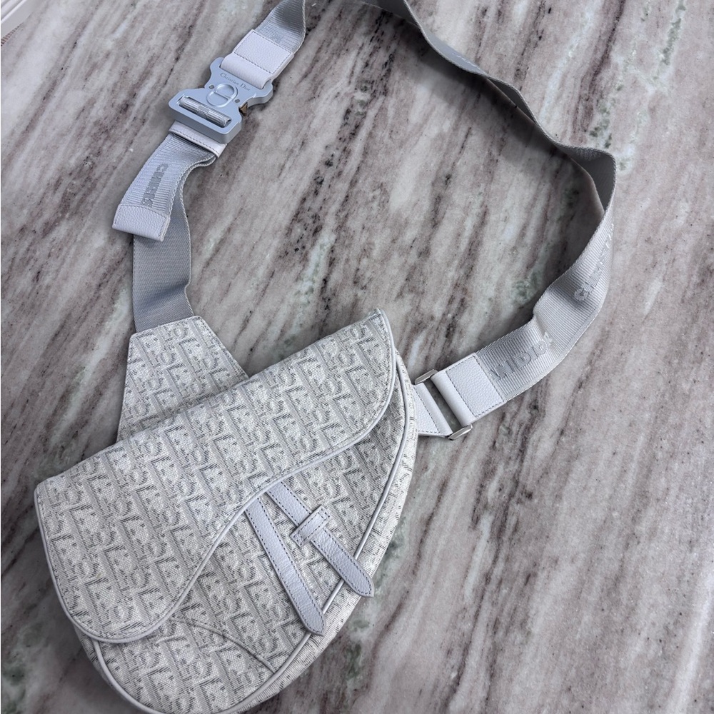 Dior White & Silver Oblique Saddle Belt Bag